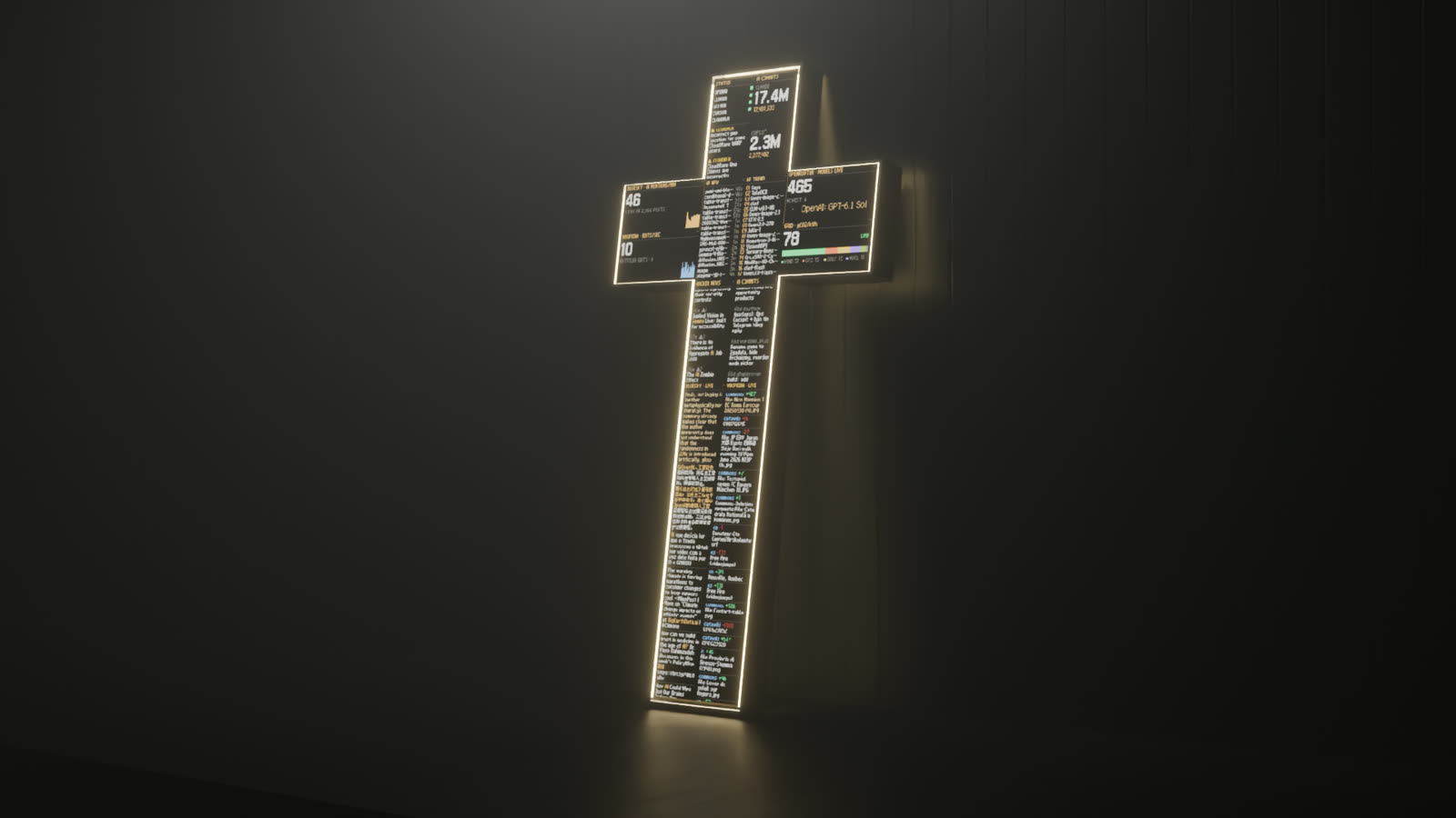 Dataism: a cross-shaped LED installation glowing in a dark room, its panels filled with live text and numbers.