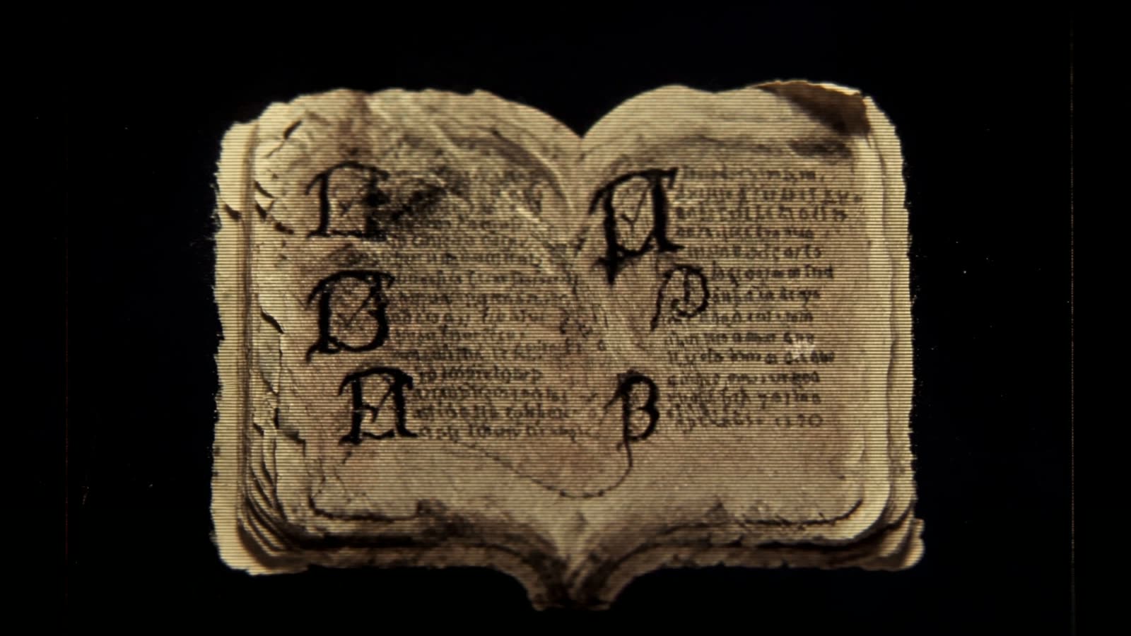 A burnt, open book of blackletter scripture glowing on a black screen.
